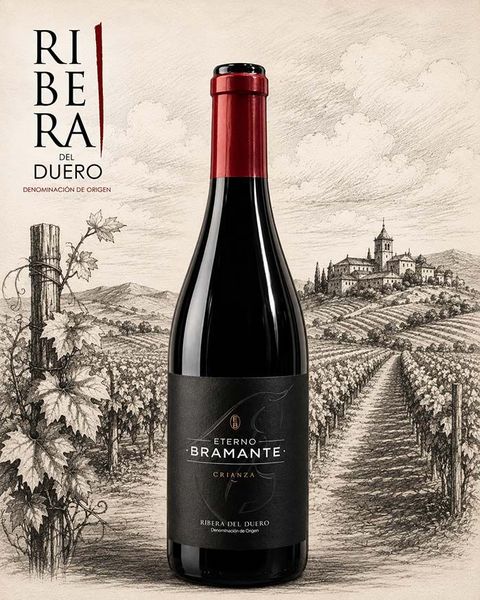 Botella de vino Ribera del Duero sobre fondo ilustrado de viñedo con escena de pueblo.