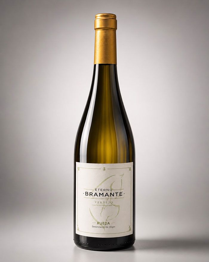 Botella de vino espumoso con tapón de lámina dorada y etiqueta blanca sobre fondo gris.