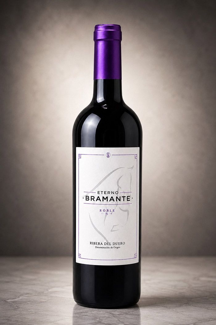 Botella de vino tinto con cuello de lámina morada y etiqueta blanca sobre fondo neutro.