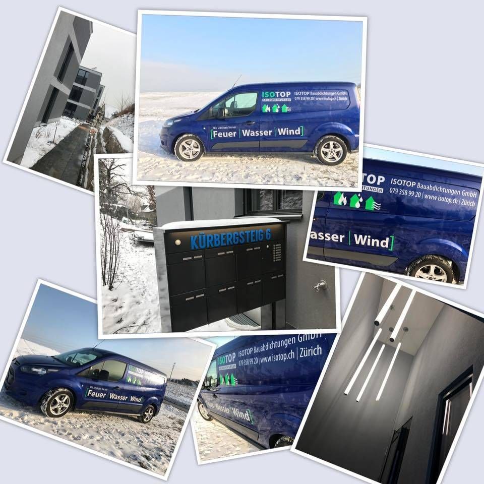 Collage eines blauen Lieferwagens mit dem Text „Feuer Wasser Wind“ und verschiedenen zugehörigen Bildern, verschneite Außen- und Gebäudeansichten.