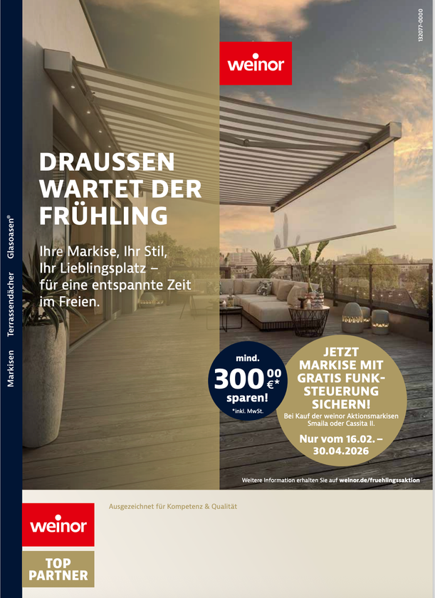 Werbeflyer für eine Weinor-Markise mit einer Außenterrassen-Ausstattung und einem saisonalen Rabattangebot.