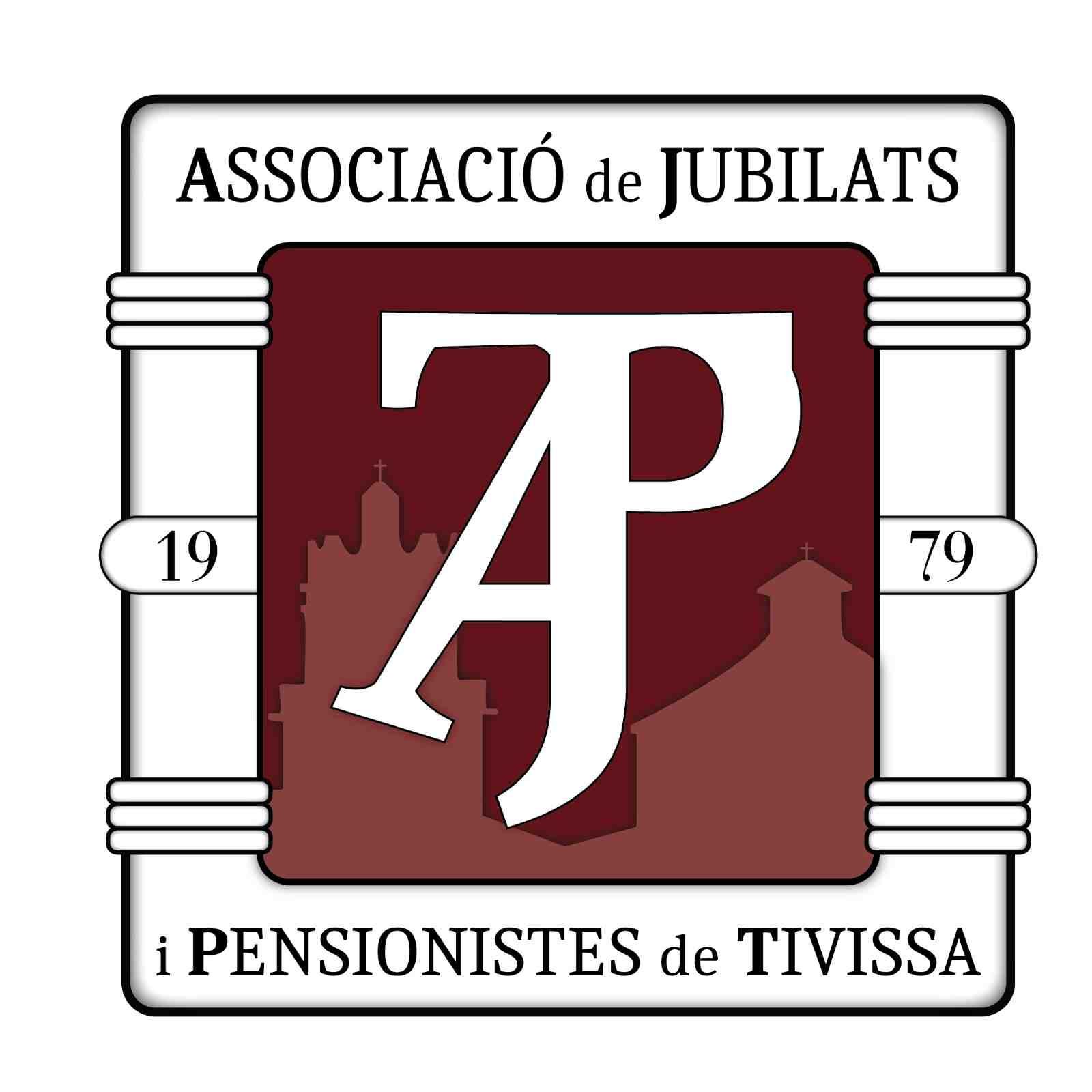 Logo of Asociación de Jubilados y Pensionistas de Tivissa, with maroon AP initials and white framed border