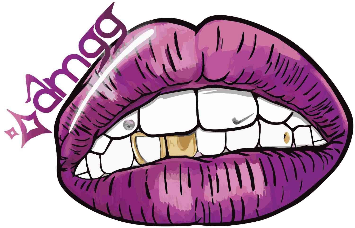 Labios morados estilizados con dientes al descubierto y la palabra 