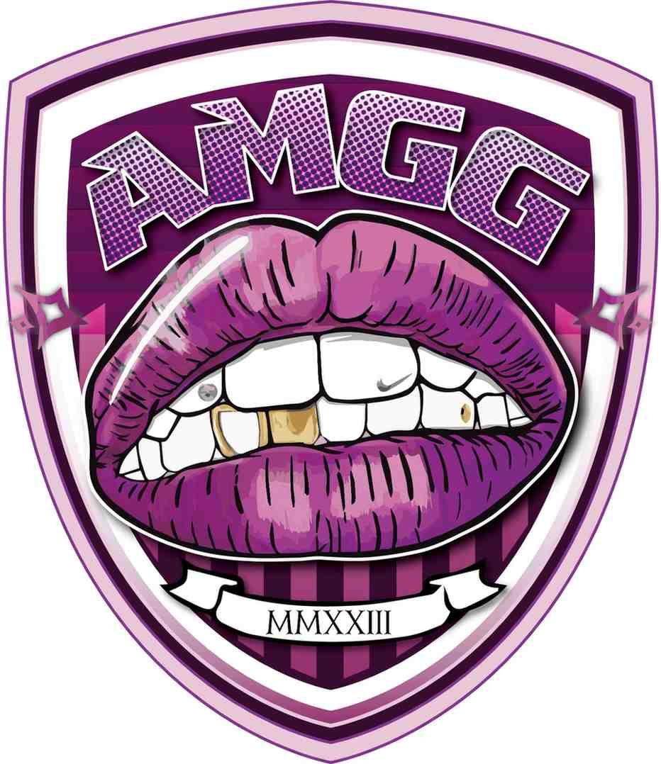 Logotipo de escudo morado con texto AMGG estilo grafiti y labios grandes sobre dientes blancos