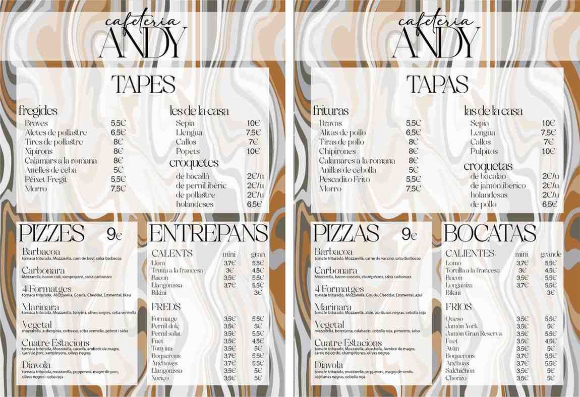 Menú de restaurante de cuatro paneles para Andy Tapes, que enumera pizzas, platos principales .