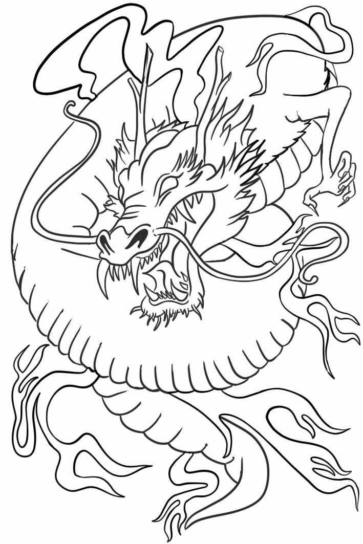 Dibujo en blanco y negro de un feroz dragón con melena ondeante y cola rizada, gruñendo en movimiento.