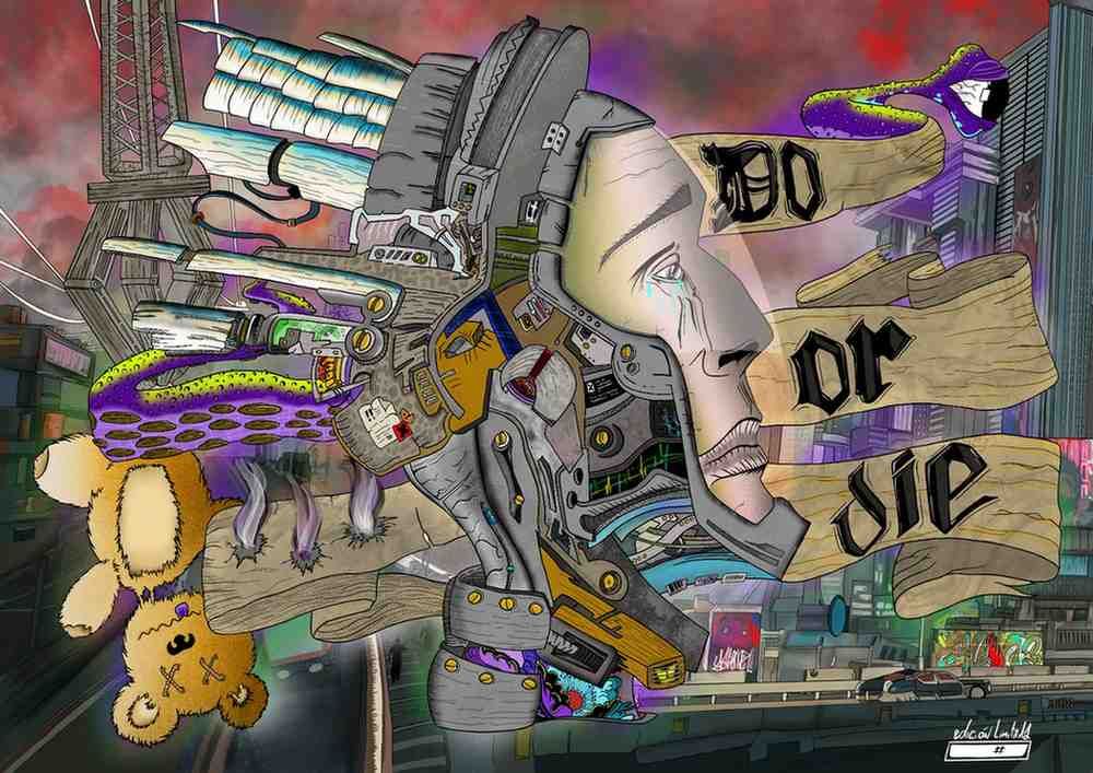 Mural estilo grafiti de una cara mecánica con detalles morados y las palabras