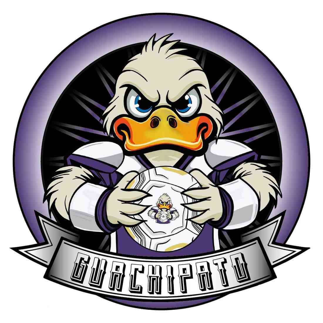 Mascota de pato de dibujos animados en morado y blanco, sosteniendo un disco, con una pancarta que dice 