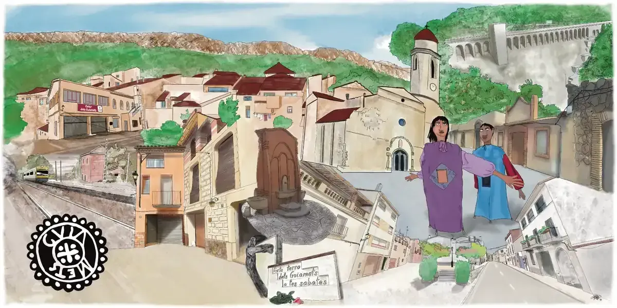 Ilustración de un pueblo en la ladera de una colina con edificios de piedra, gente paseando y un puente sobre un valle verde.