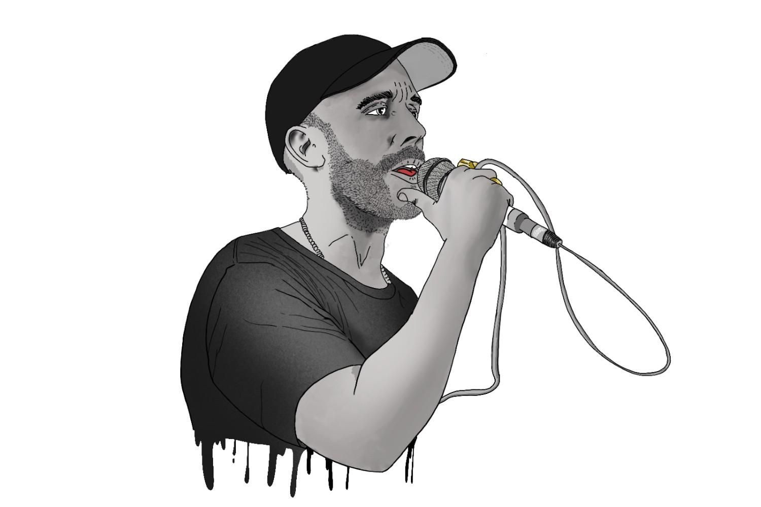 Ilustración en blanco y negro de un hombre cantando en un micrófono, con gorra y sujetando el cable.