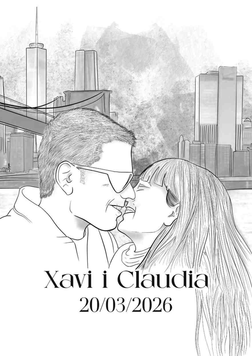 Pareja besándose frente al horizonte de una ciudad con el texto “Xavi i Claudia 20/03/2026”