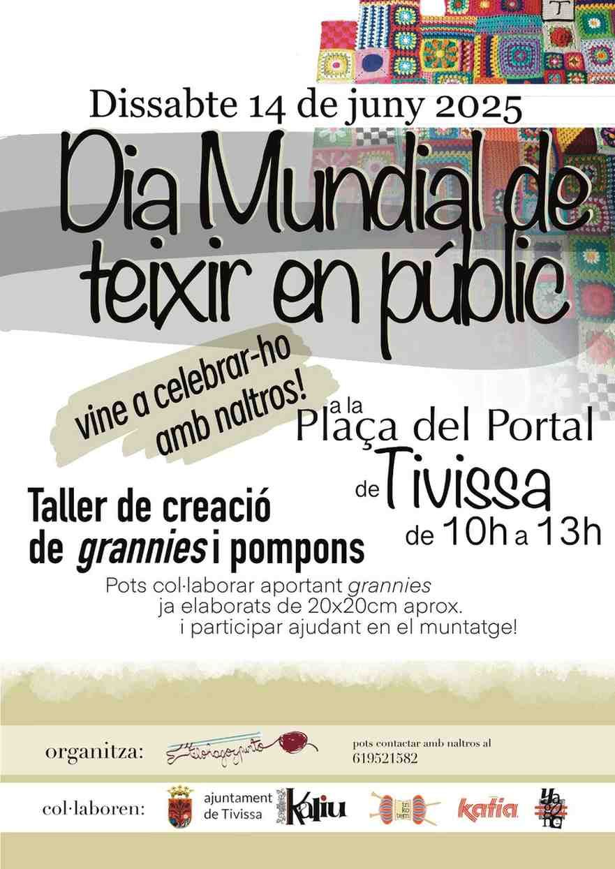 Cartel en catalán del Día Mundial del Tejido en Público, 14 junio 2025, en la Plaza del Portal de Tivissa.