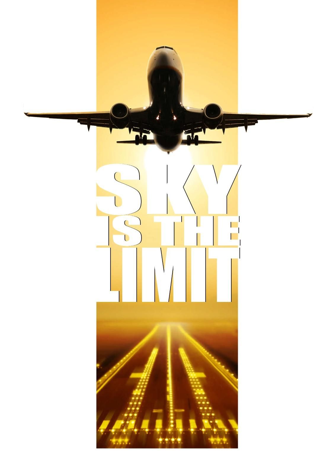 Avión silueteado sobre la pista al atardecer con el texto “EL CIELO ES EL LÍMITE”.