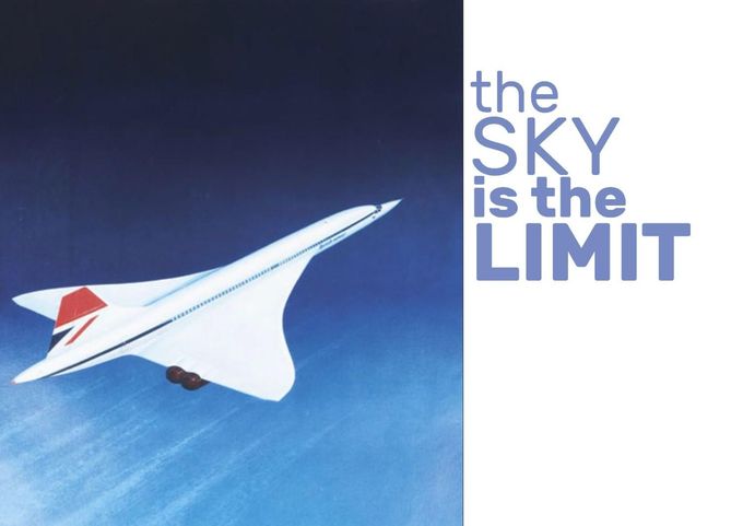 Avión supersónico blanco surcando el cielo azul junto al texto: “EL CIELO ES EL LÍMITE”.