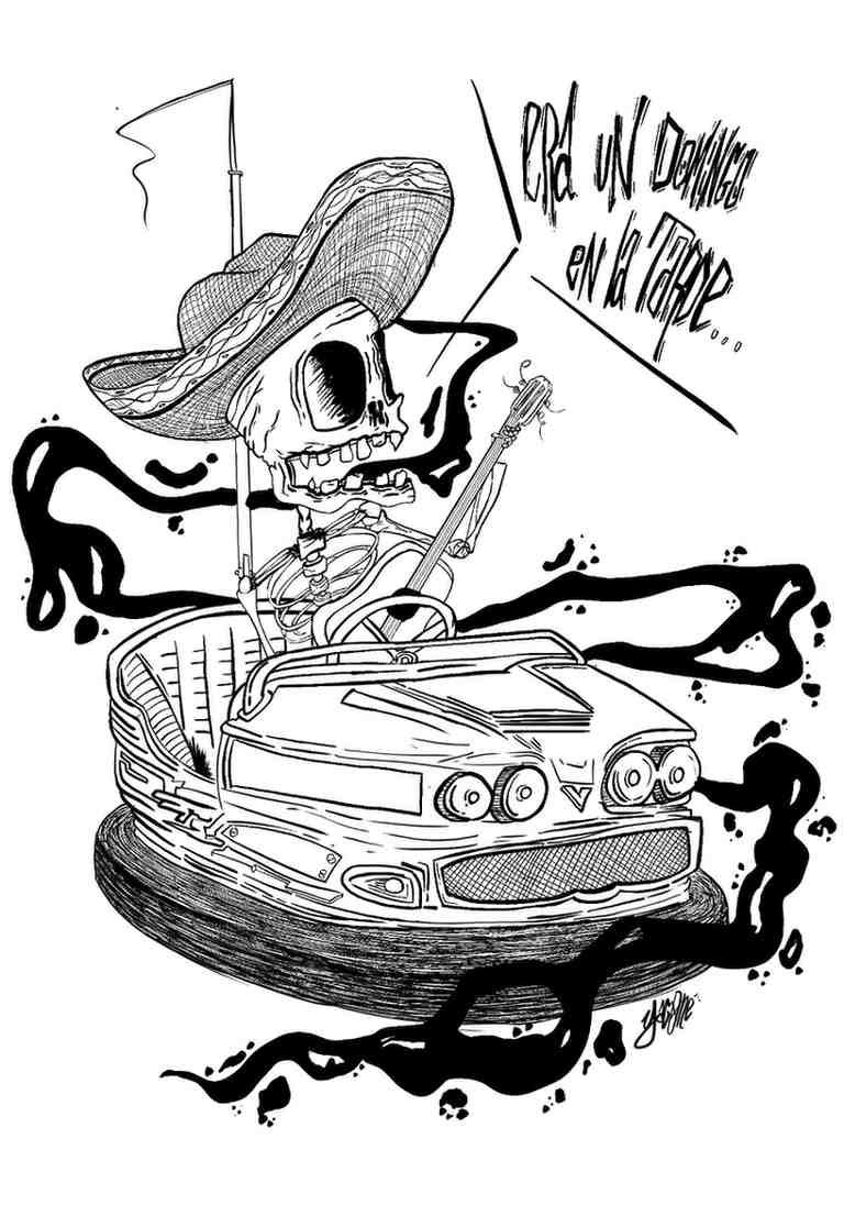 Dibujo animado en blanco y negro de una calavera motera con sombrero montada en un coche, rodeada de llamas y humo.