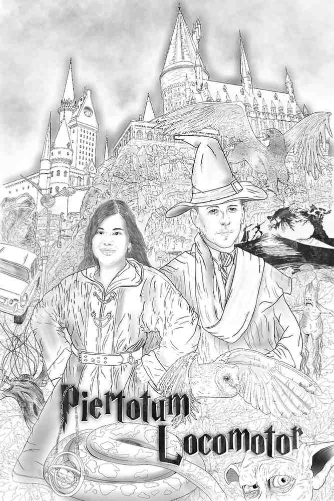 Boceto a lápiz de dos personas frente a un castillo, con el título “Pierrotum Locomotor” en la parte inferior.