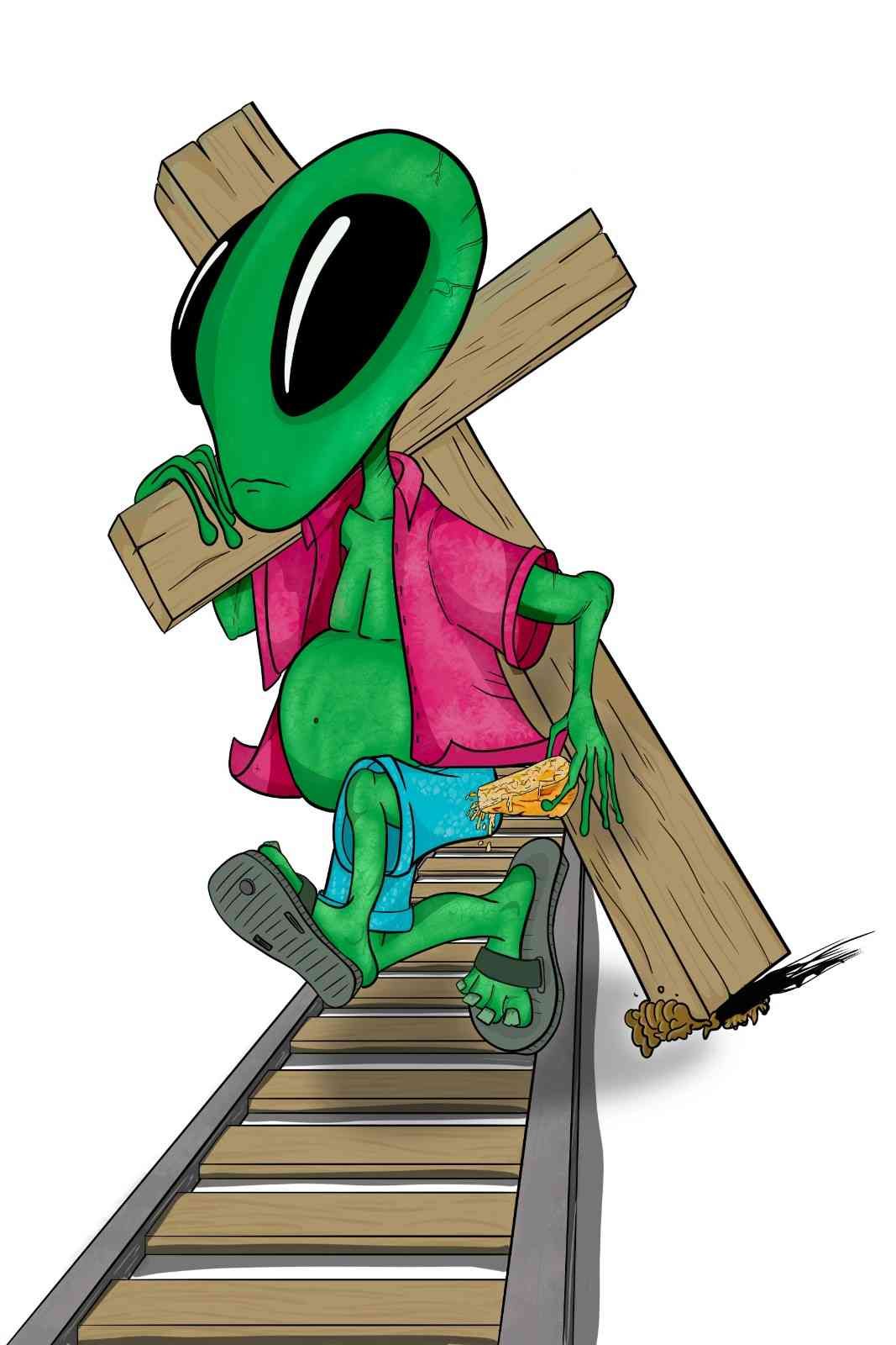 Figura de dibujos animados verde con una cara ovalada negra que lleva una cruz de madera.