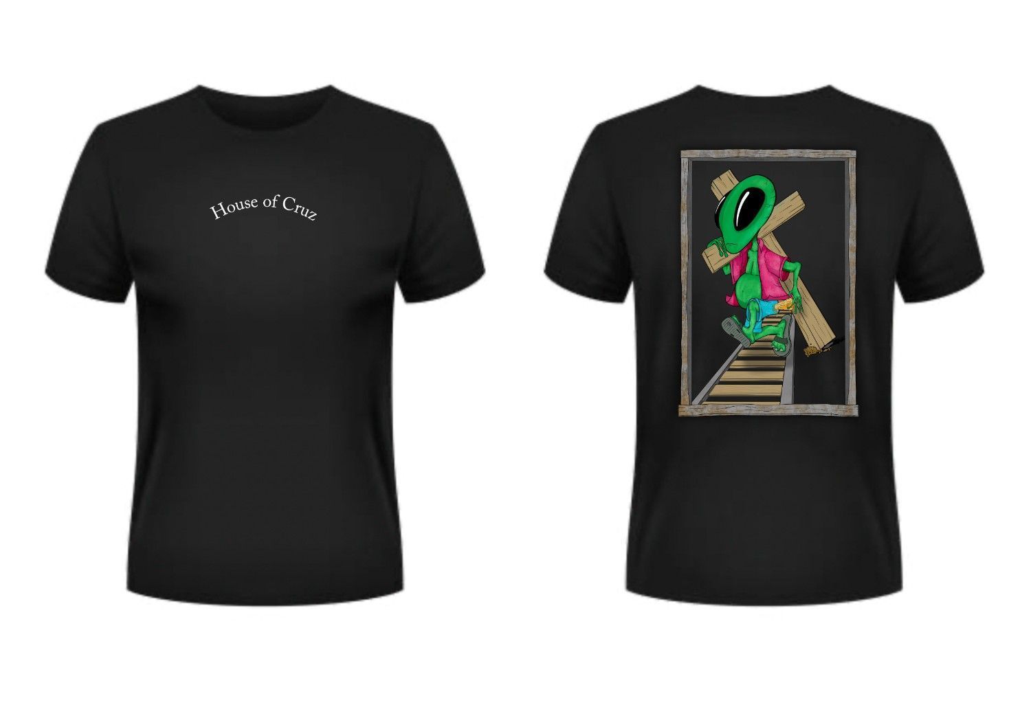 Maqueta de camiseta negra, parte delantera y trasera; la parte delantera tiene un pequeño texto blanco.