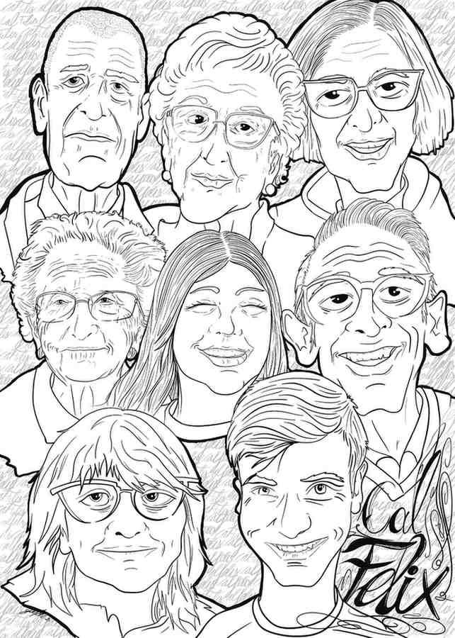 Collage de caricaturas en blanco y negro de seis rostros sonrientes, uno de ellos con la palabra