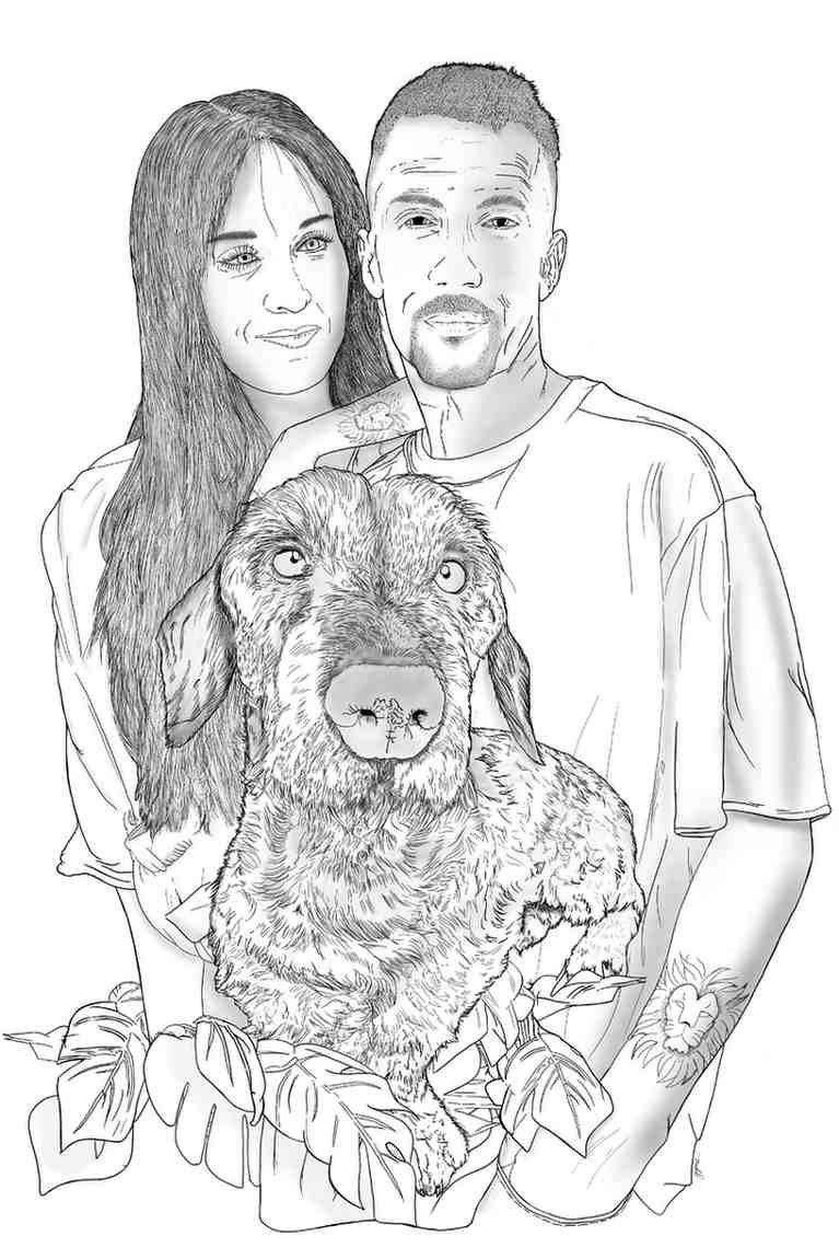 Boceto de una pareja de pie detrás de un perro grande, dibujado en blanco y negro.