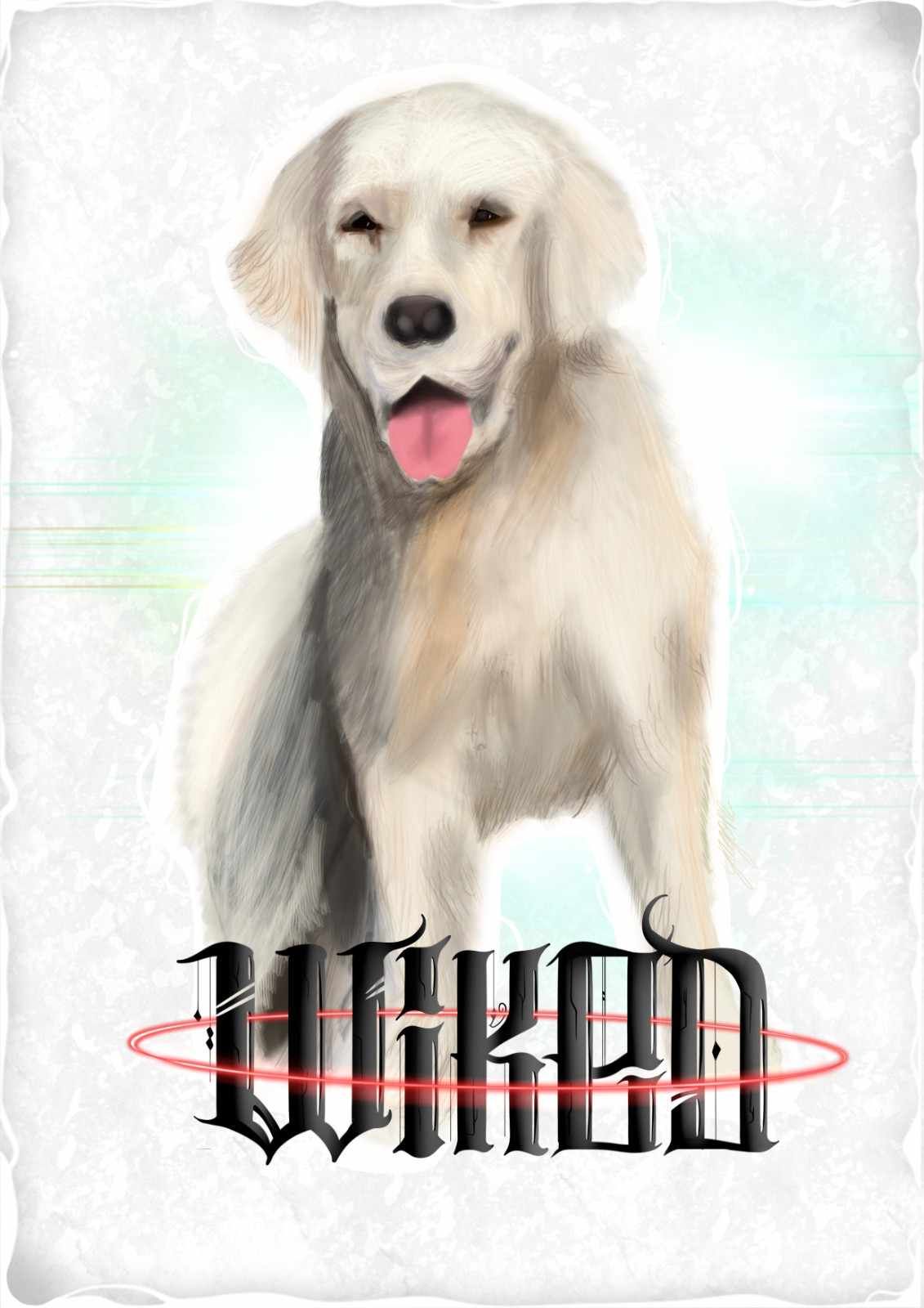 Retrato de un golden retriever blanco con la lengua fuera y la palabra
