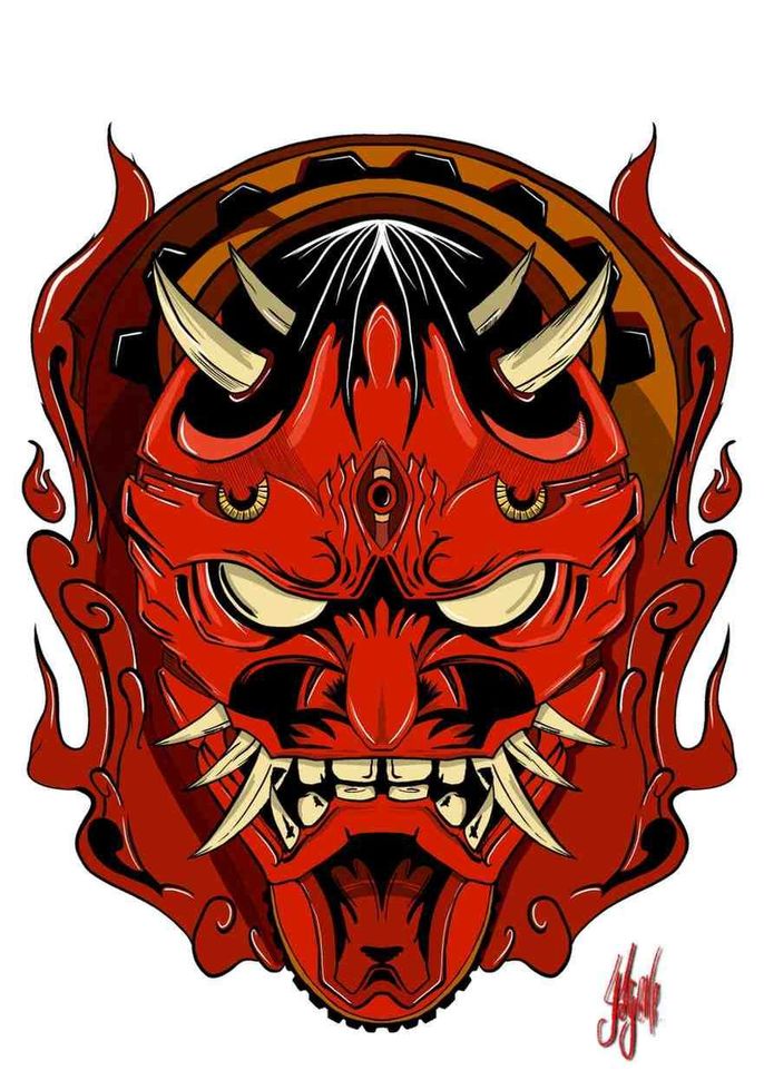 Rostro demoníaco rojo y negro con cuernos, dientes afilados y ojos brillantes sobre un fondo blanco.
