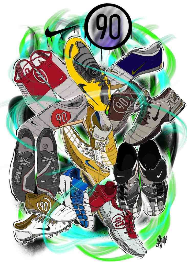 Collage abstracto de zapatillas coloridas y un letrero con el número