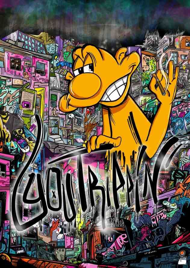 Un personaje de dibujos animados amarillo sonríe y saluda en medio de un colorido collage urbano cubierto de grafitis.