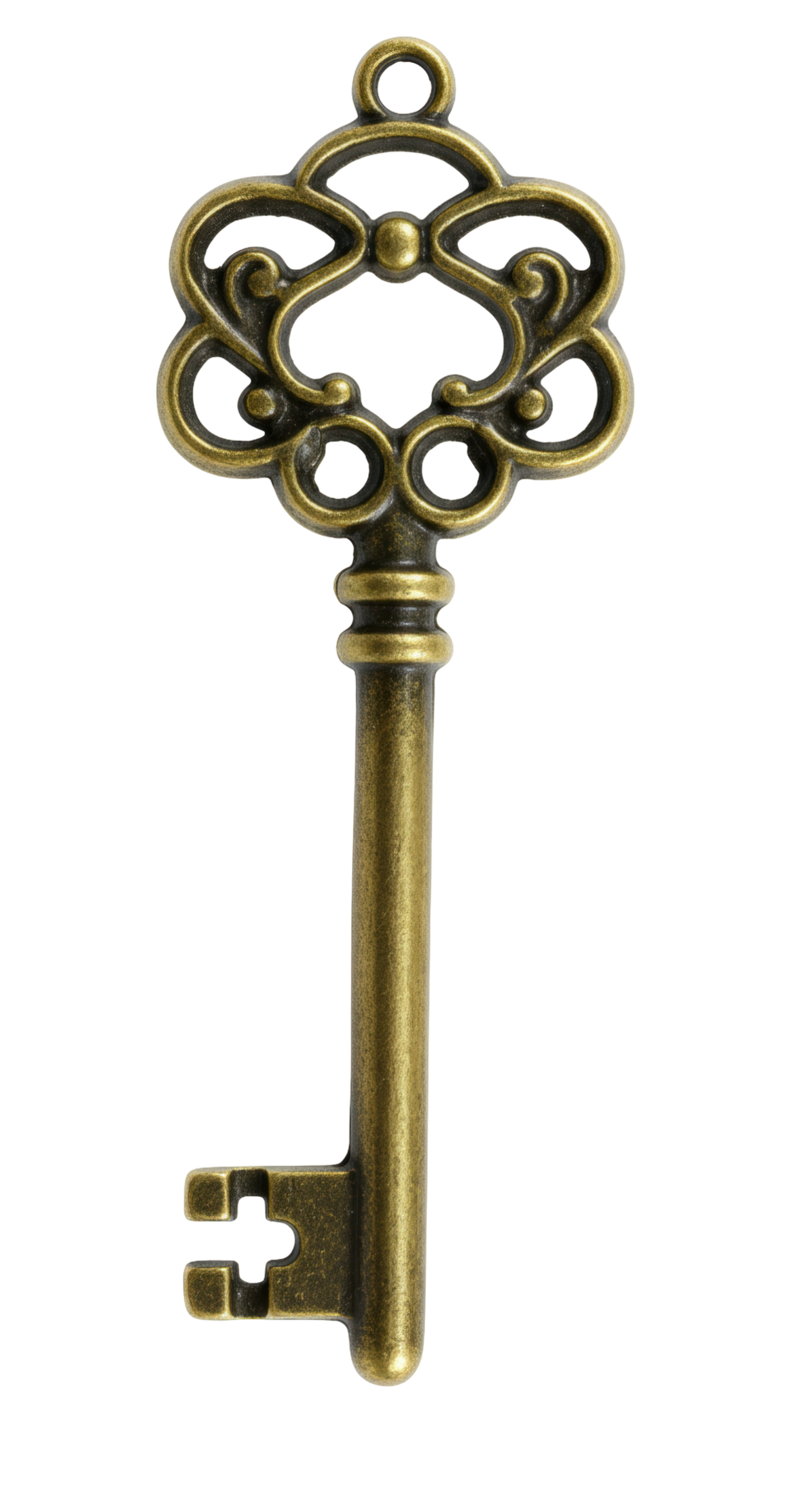 Une clé décorative vintage, de couleur bronze, ornée d'un nœud complexe et d'un simple embout, isolée sur un fond blanc.