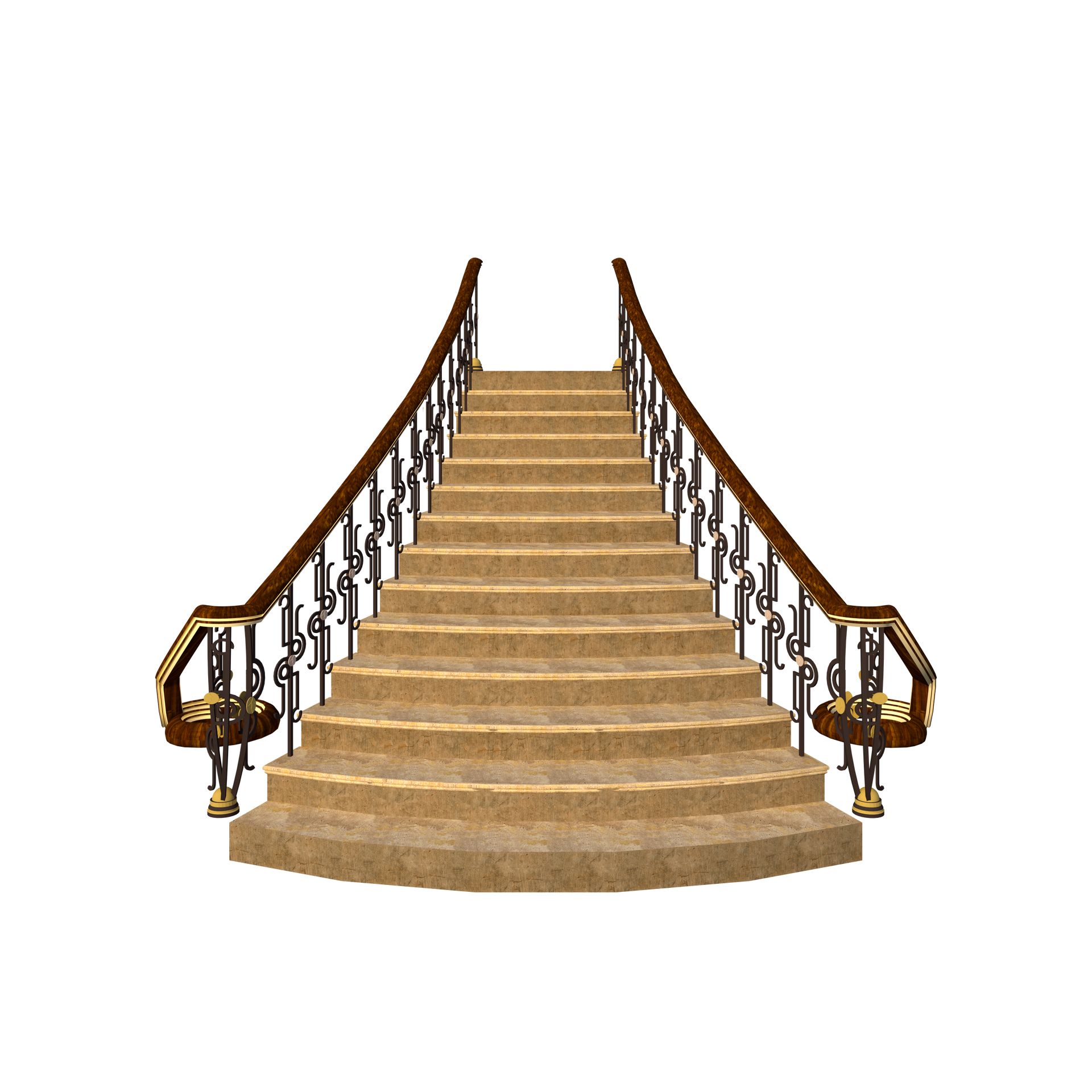 Escalier couleur beige avec rampes en bois incurvées et balustres en métal noir ouvragé sur fond blanc.