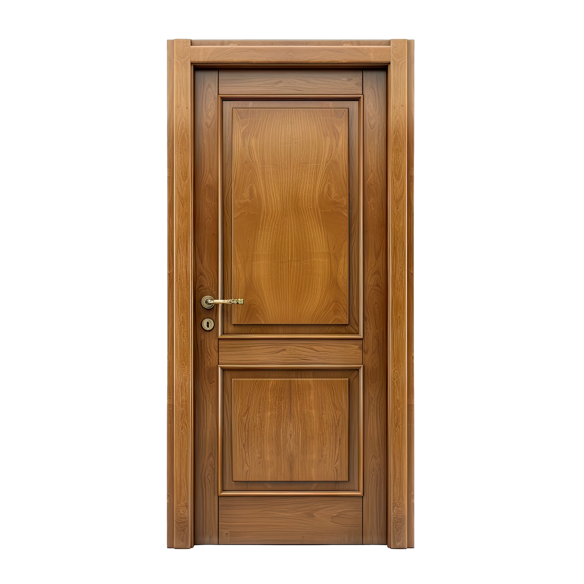 Une porte classique à deux panneaux en bois, finition en chêne brun foncé, avec une poignée à levier dorée, centrée sur un fond blanc.