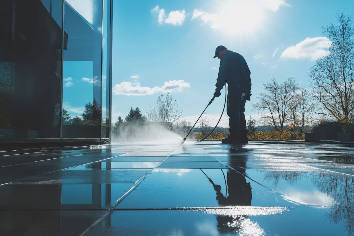 Un hombre está limpiando el piso con una hidrolavadora.