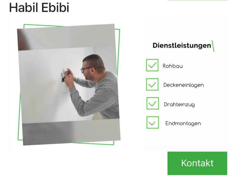 Handwerker poliert eine Wand; rechts список Dienstleistungen und unten grüner Kontakt-Button.