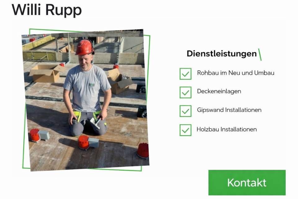 Willi Rupps Serviceseite mit Arbeiter auf einem Dach und Checkliste für Bauleistungen sowie Kontakt-Button
