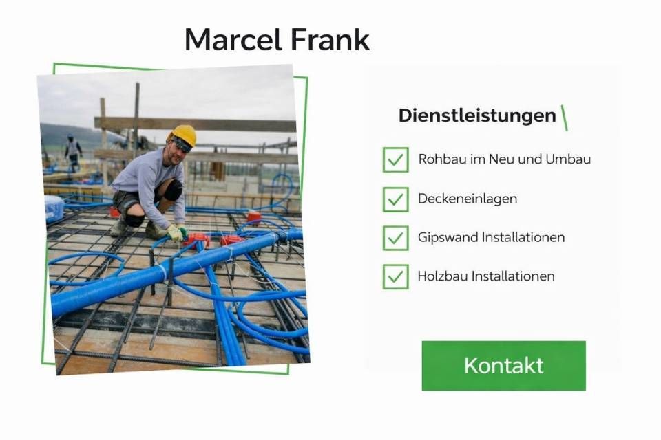 Ein Arbeiter verlegt blaue Rohre auf einer Baustelle; im Text werden Dienstleistungen aufgelistet und ein grüner „Kontakt“-Button angezeigt.
