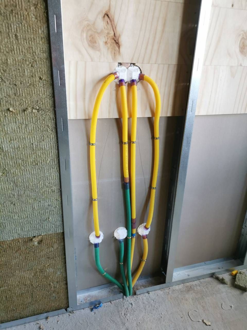 Gelbe und grüne Elektrokabel sind in an der Wand befestigten Leitungsrohren in einer unfertigen Innenwand gebündelt.
