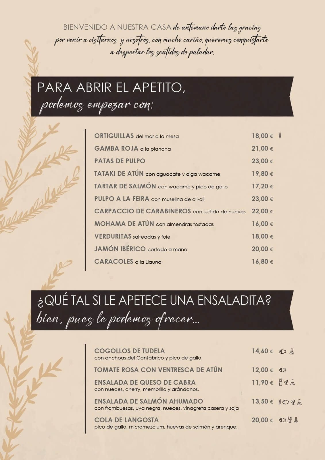 Un menú para un restaurante con una lista de platos