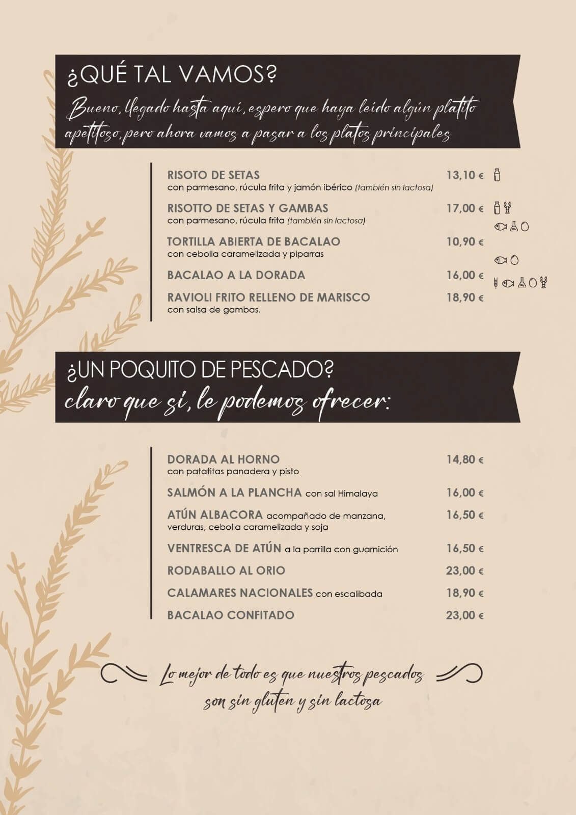 Un menú para un restaurante con escritura en español.