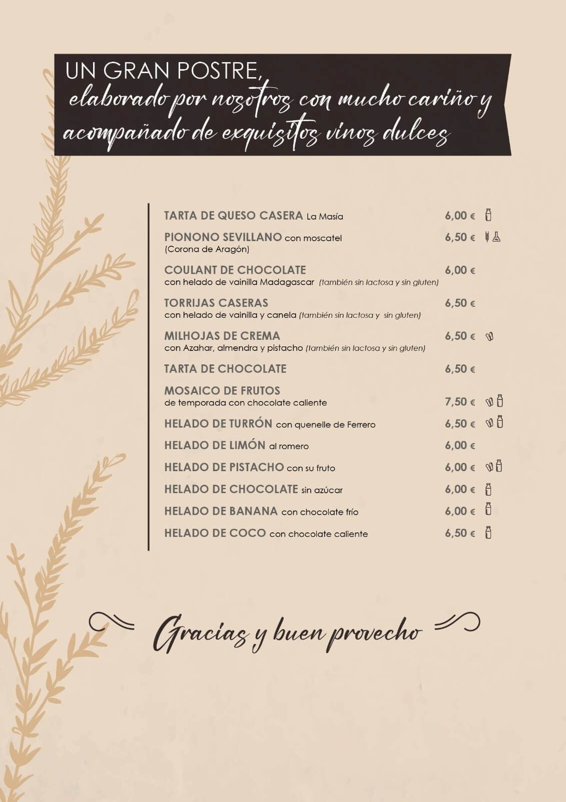 Un menú para un restaurante con escritura en español.