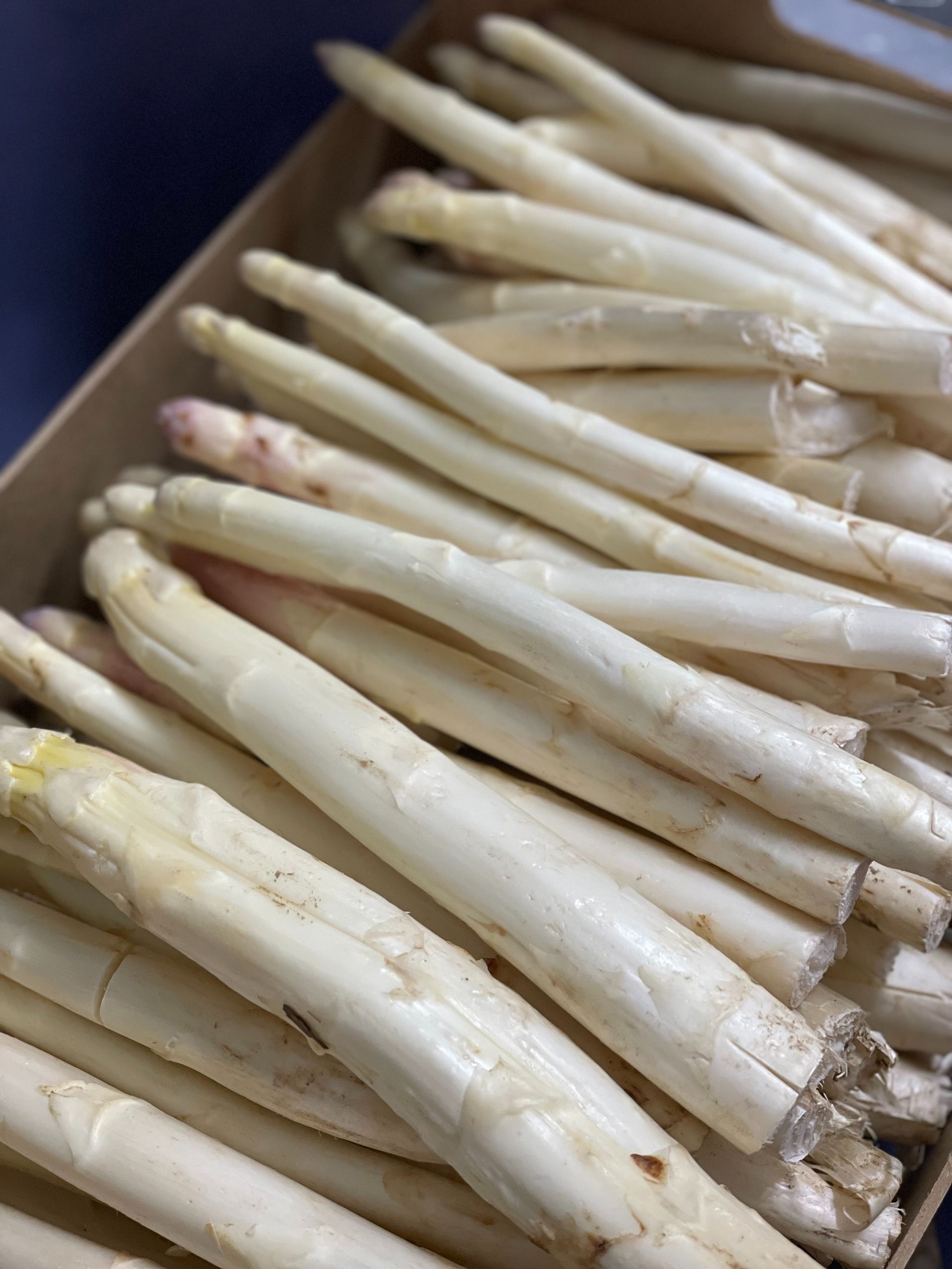 Un manojo de espárragos blancos en una caja de cartón