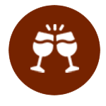 Dos copas de vino brindan en un círculo marrón.