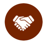 Un icono de apretón de manos en un círculo marrón sobre un fondo blanco.
