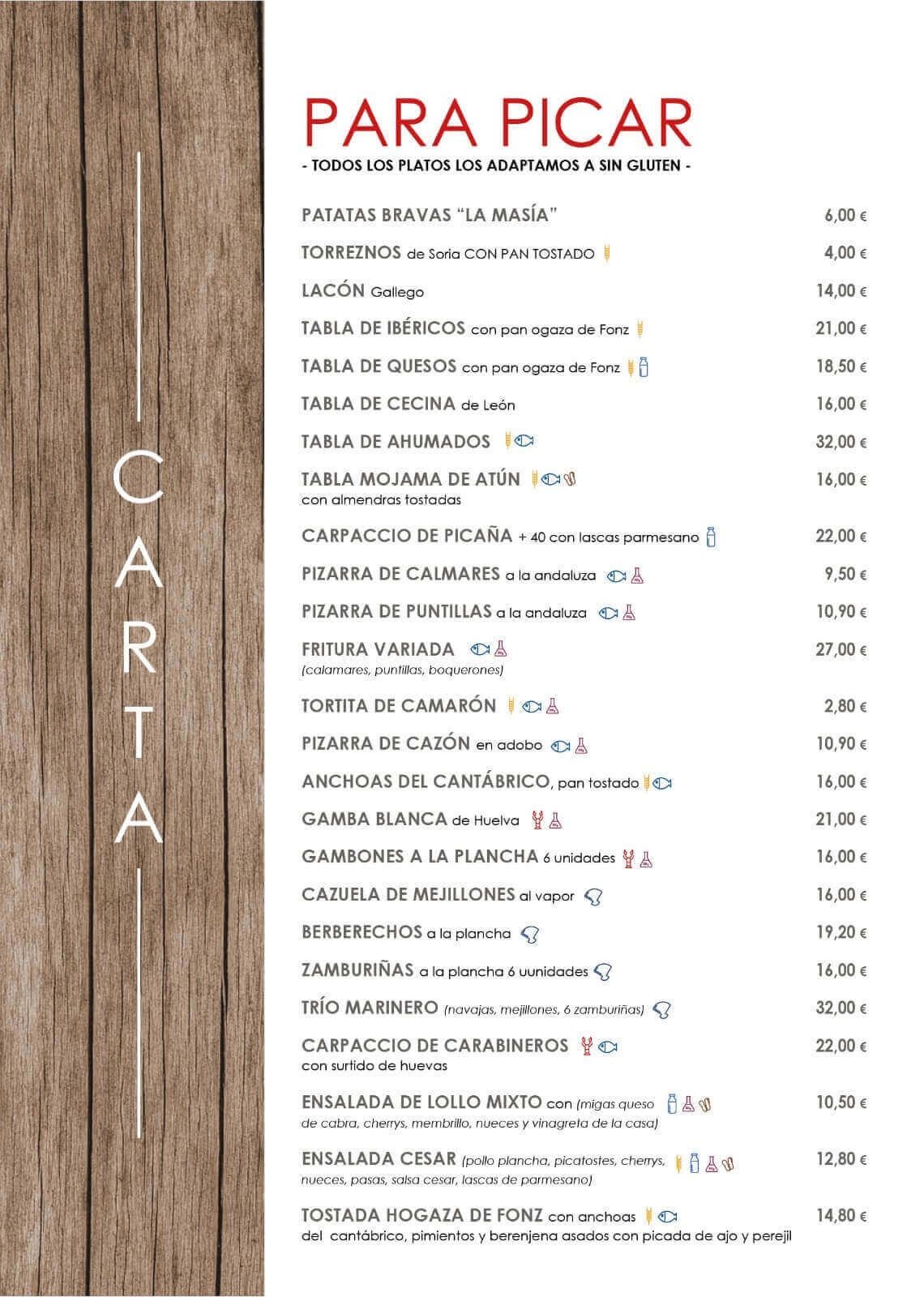 Un menú para un restaurante llamado para picar