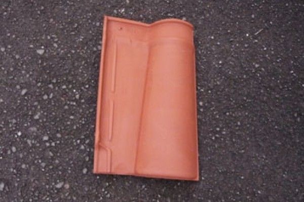 Una teja roja yace en el suelo.