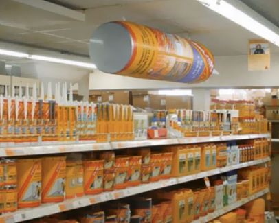 Un pasillo de tienda con un gran cilindro colgando del techo