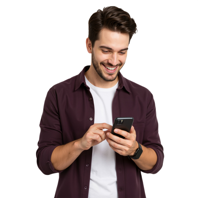 Un homme sourit en utilisant un smartphone, portant une chemise bordeaux par-dessus une chemise blanche.