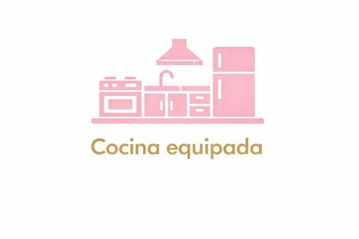 Un icono rosa de una cocina totalmente equipada con fogones, fregadero y nevera, sobre el texto 