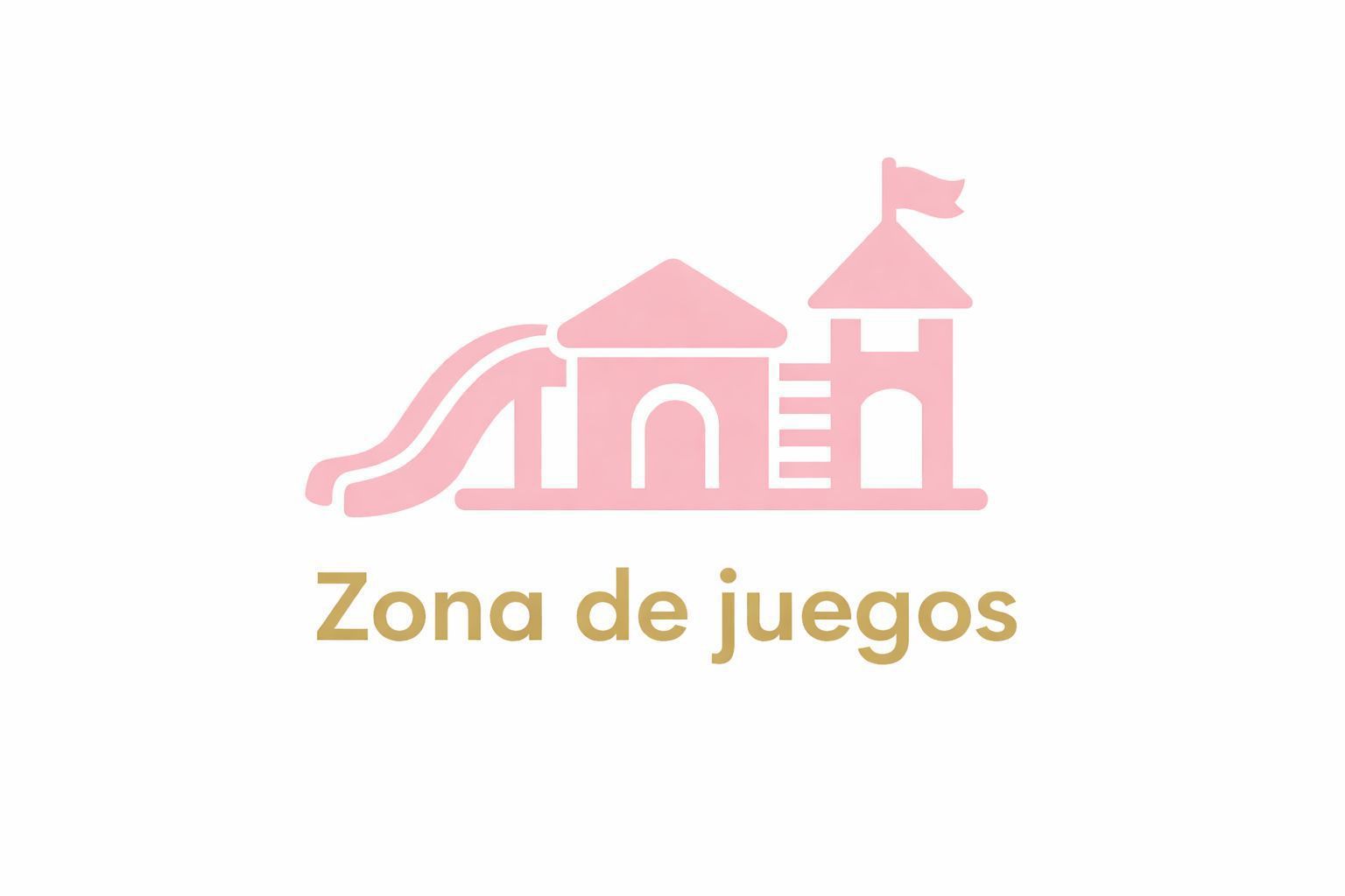 Un icono rosa de un parque infantil con un tobogán y una torre, con el texto dorado 