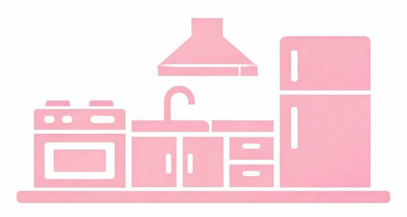 Un icono rosa que representa la distribución de una cocina, incluyendo