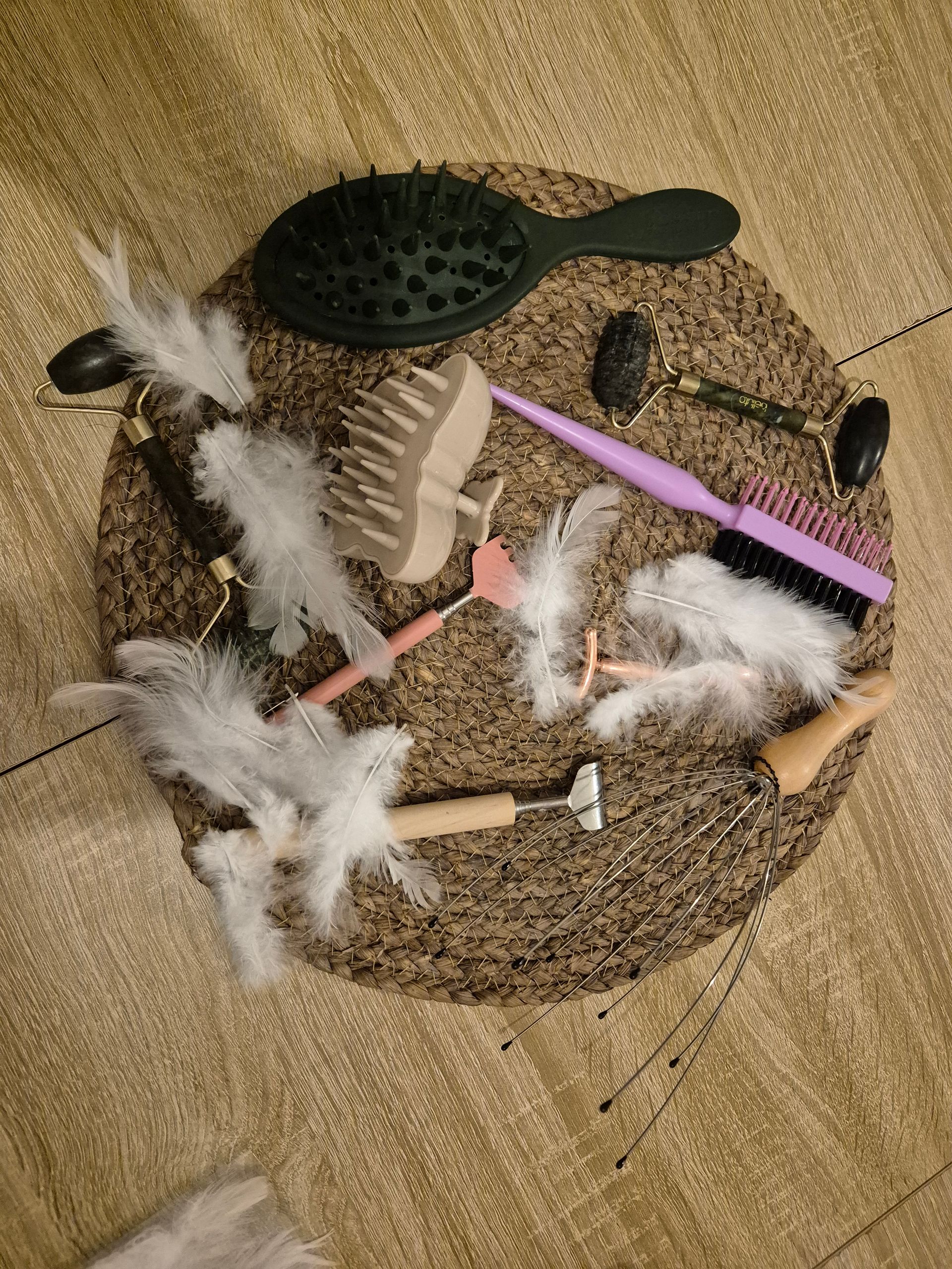 Brosses à cheveux et plumes sur un tapis tissé marron. Comprend différents styles de brosses, dans des tons roses et verts.
